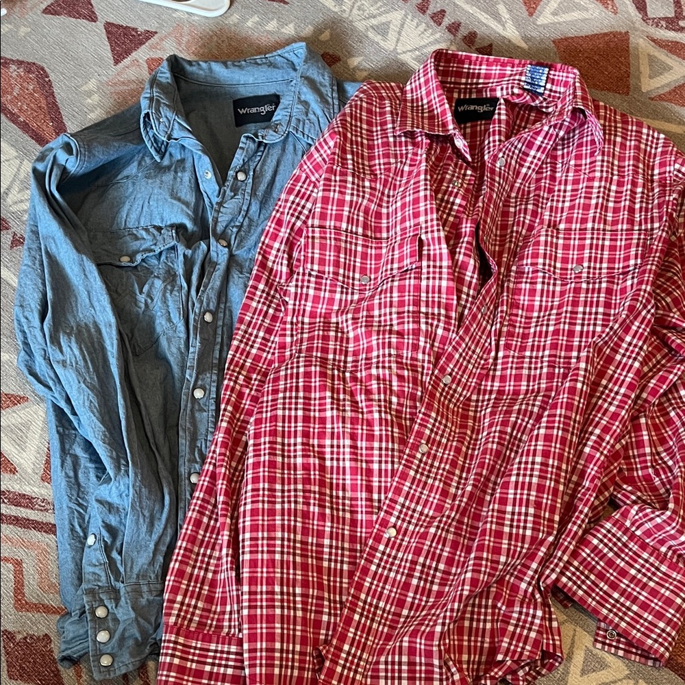 Wrangler Red Plaid and Blue Denim Men's Shirts